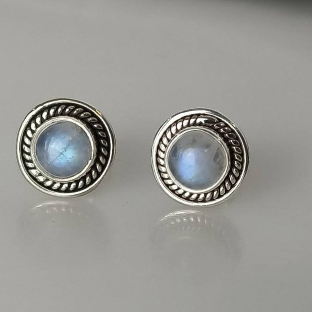 Genuine MOONSTONE Gems SOLID 925 Oxidized SILVER Big Bohemian Stud Earrings - Picture 2 of 7